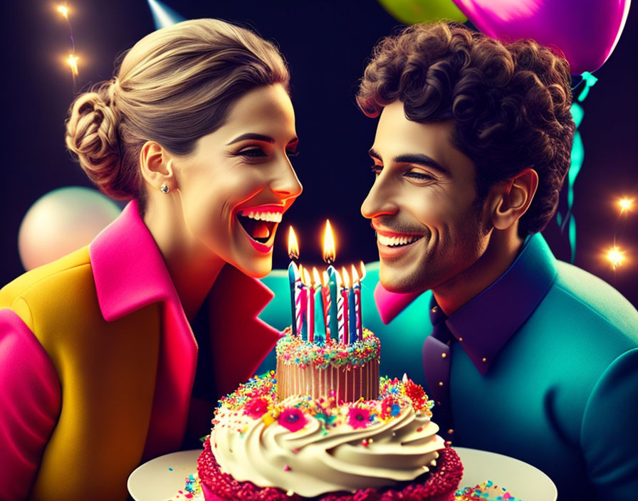 Vibrant birthday celebration with smiling man and woman, cake, balloons, and party lights