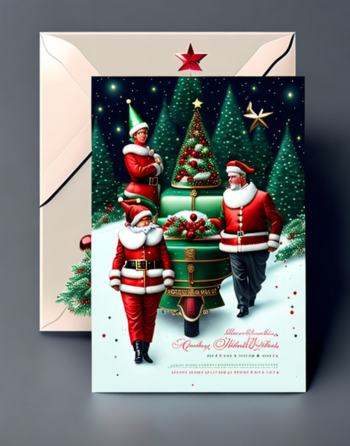 Festive Christmas greeting card with three Santa Clauses and decorated tree