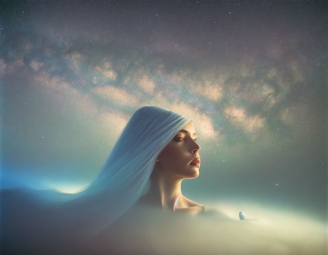 Woman with flowing white hair under starry sky and ethereal light.