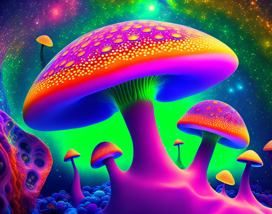 Neon-colored mushrooms in surreal, starry landscape