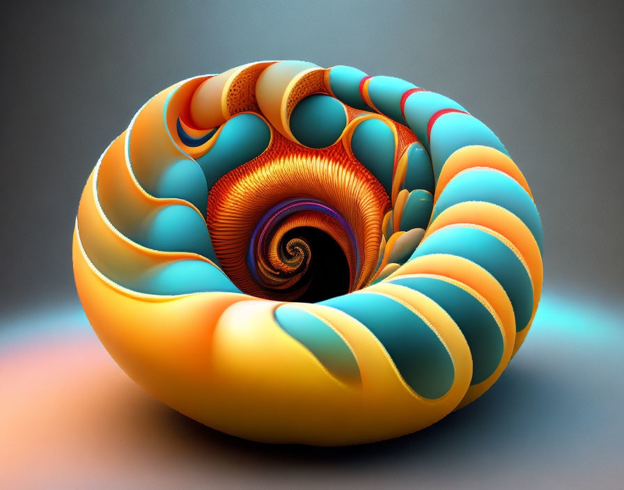 Vibrant digital fractal art: Toroidal structure, orange, blue, yellow spirals