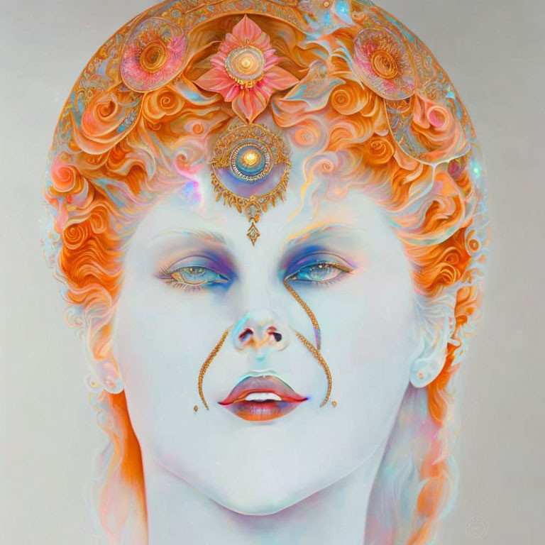 Surreal portrait of person with golden floral headpiece and orange hair