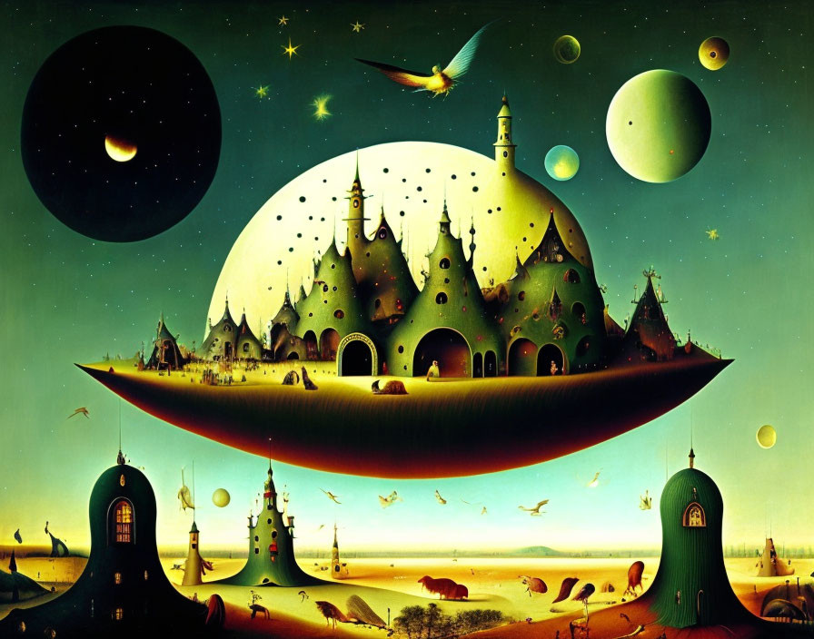 Fantasy landscape painting with spherical city, planets, stars, birds, and night sky