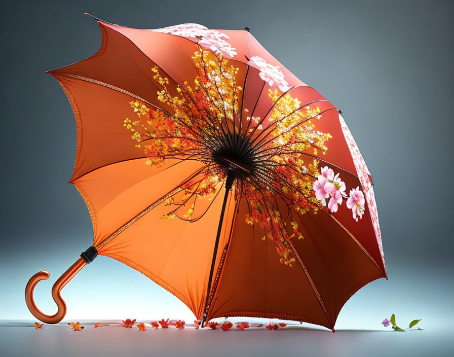 Orange Floral and Tree Branch Design Umbrella on Grey Background