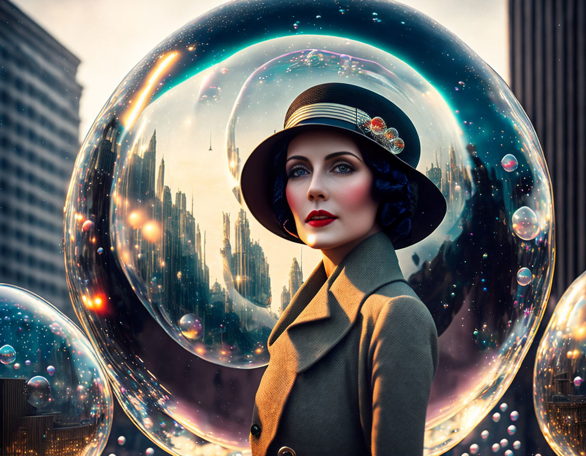 Vintage-clad woman in iridescent bubble-filled cityscape at dusk