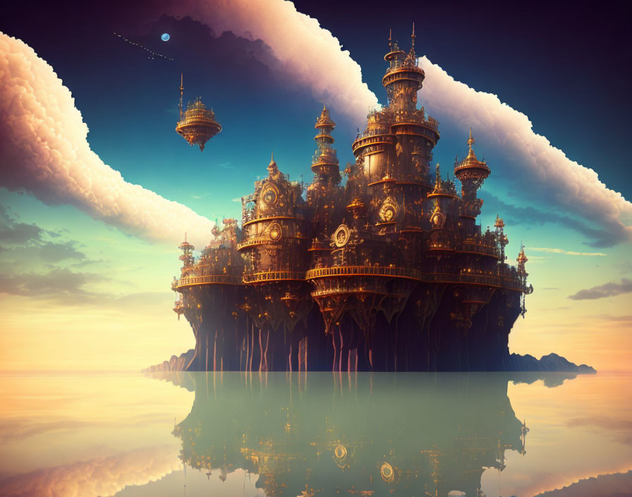 Ornate floating island with castle-like buildings on reflective water