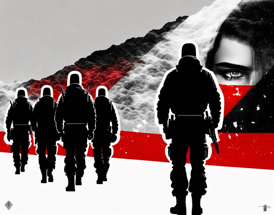 Silhouetted figures in tactical gear under red and white split background with large eye.