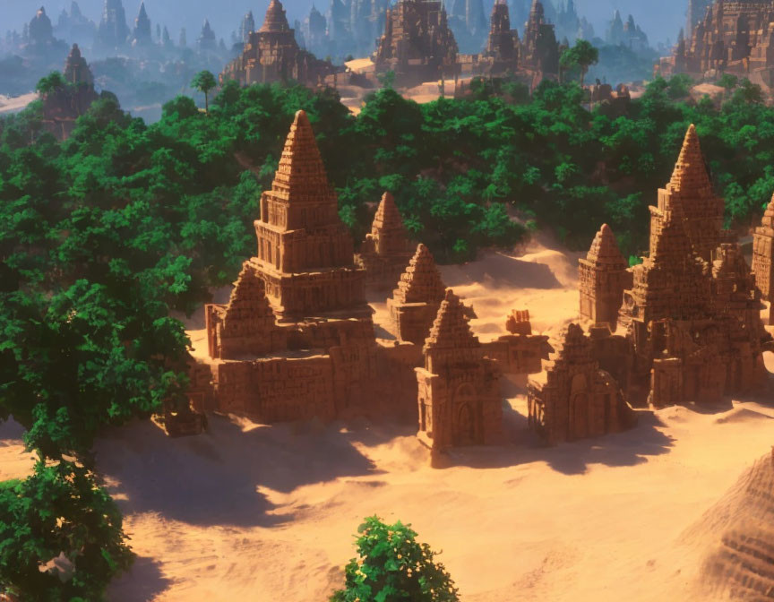 Pointed tower ruins in desert landscape under hazy sky