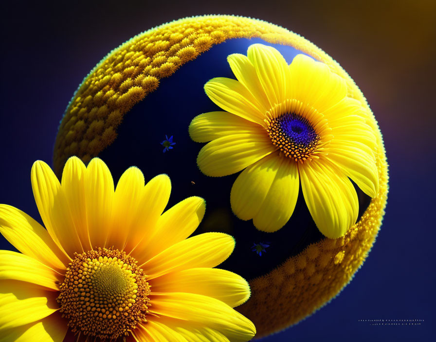 Yellow Flowers Sphere on Blue Background with Butterfly-like Creatures