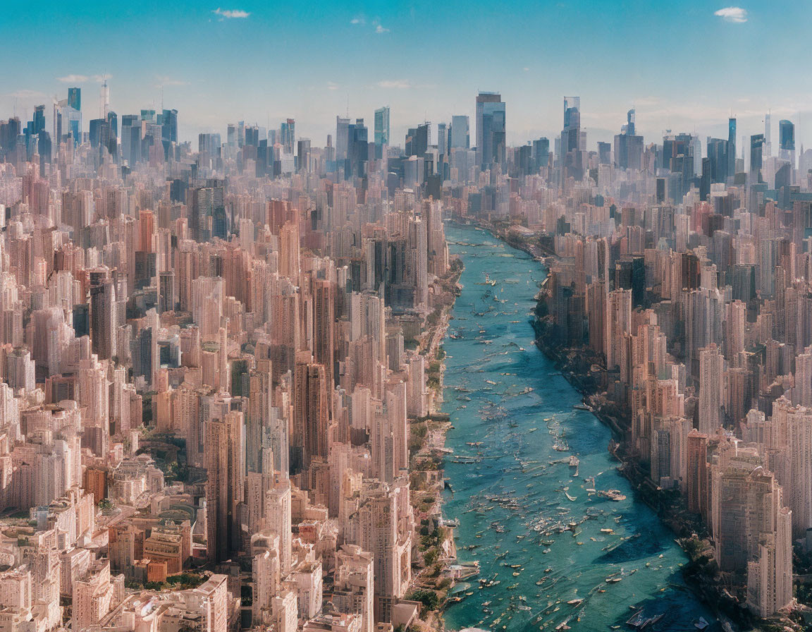 Dense Urban Cityscape with High-rise Buildings Along River