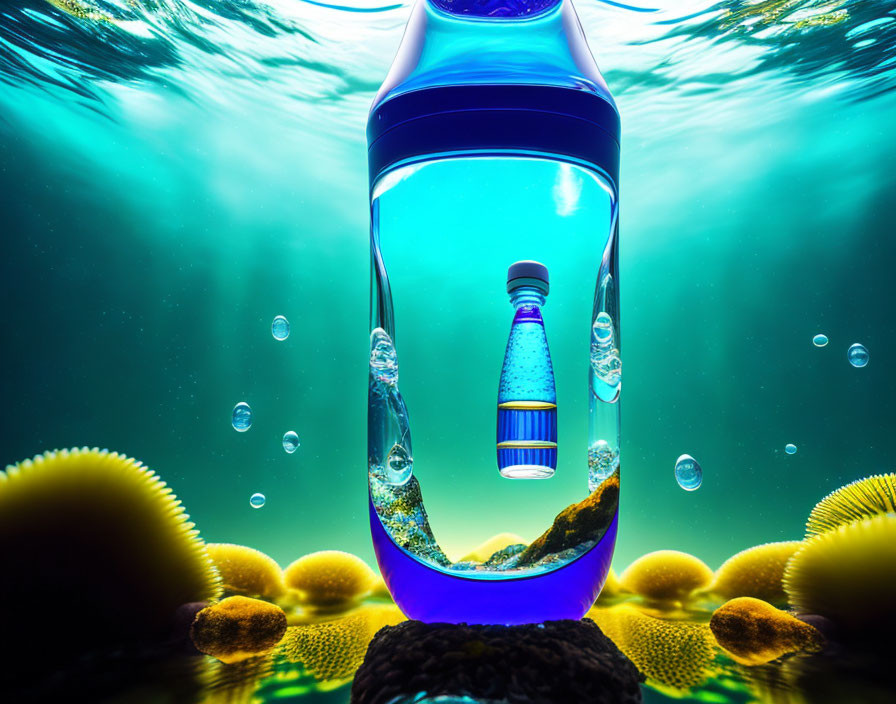 Surreal underwater scene with floating bottles above yellow coral seabed