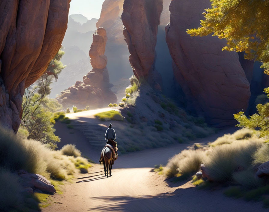 Solitary Rider on Horseback in Serene Desert Canyon