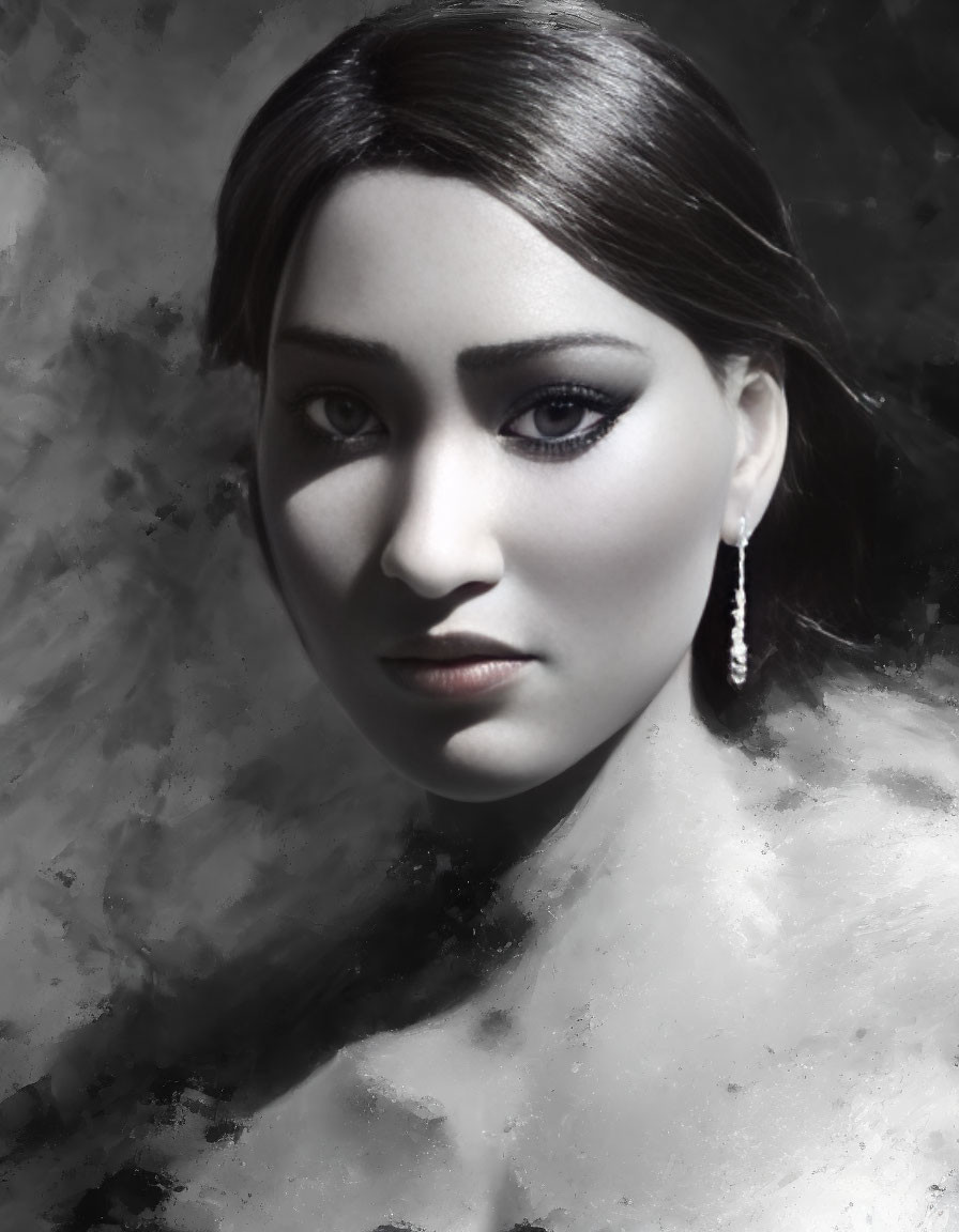 Monochromatic portrait of a woman with eyeliner and earring