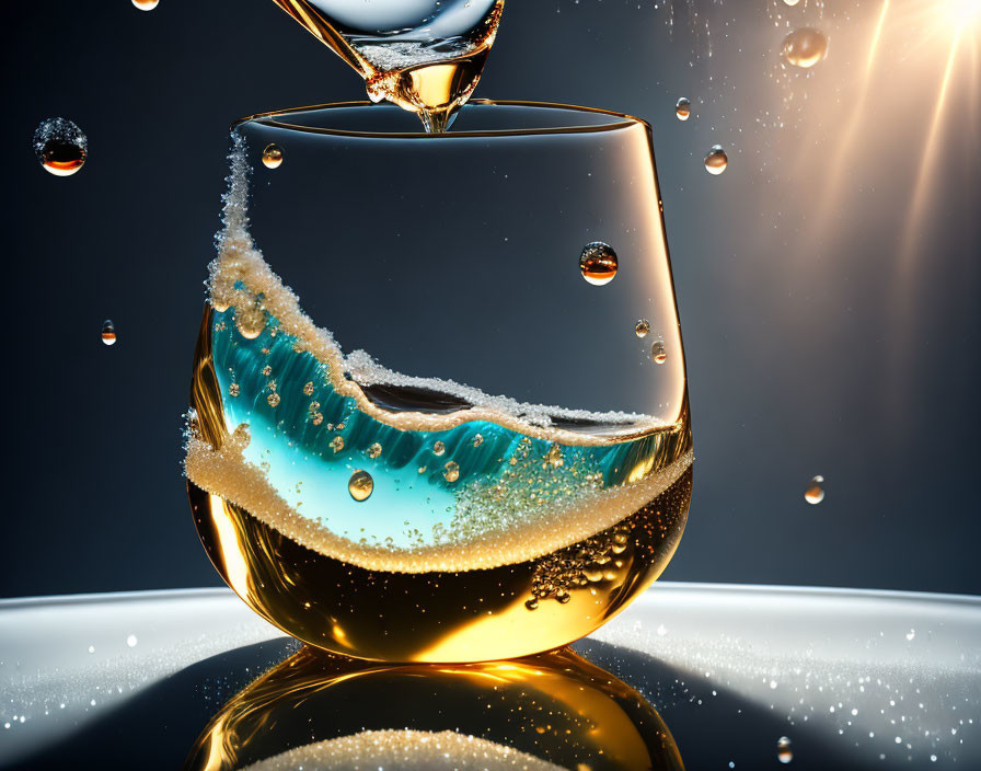 Pouring Golden Liquid Creates Splash and Bubbles