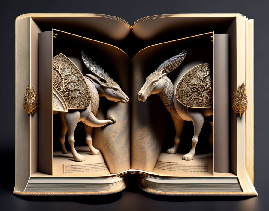 Metallic animal sculptures in an open book on dark backdrop