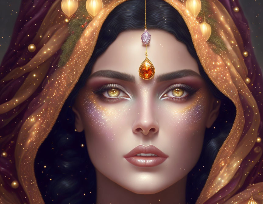 Detailed digital portrait: Woman with green eyes, golden headdress, orange gem pendant