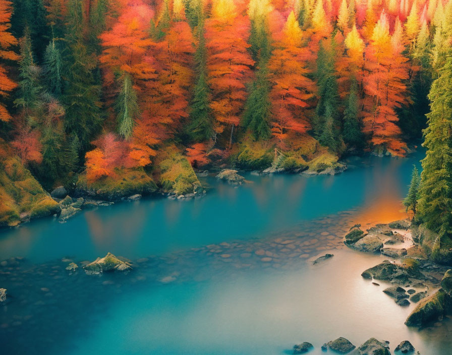 Tranquil forest river with vibrant autumn foliage