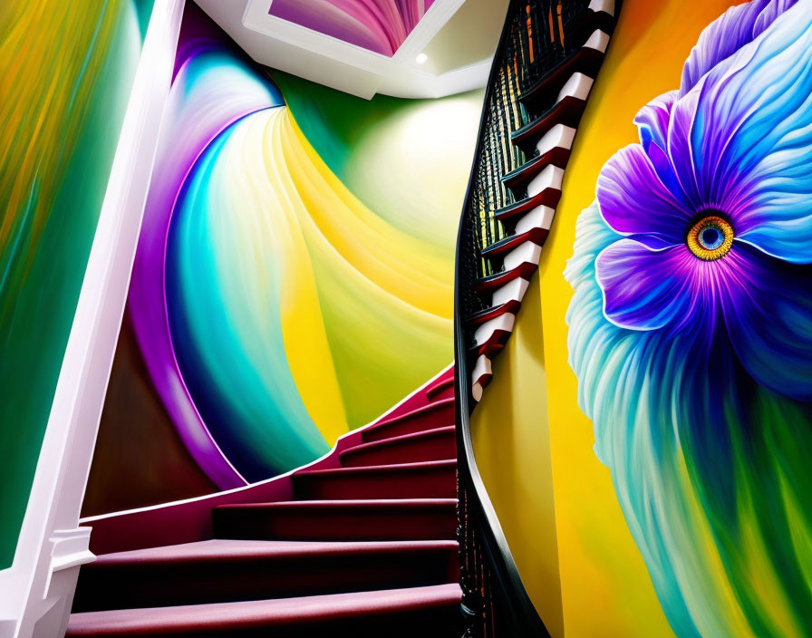 Colorful Swirling Walls with Flower Mural on Vibrant Staircase