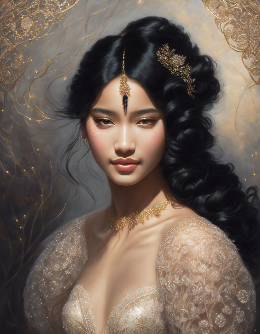 Golden Jewelry and Lacy Gown Woman Artwork