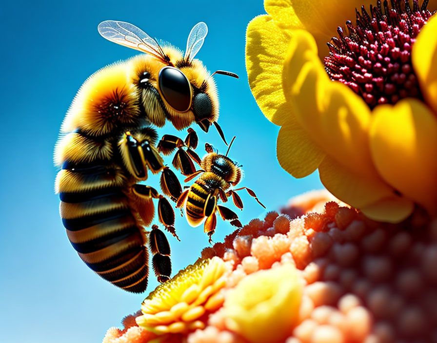 Close-up of large bee hovering over yellow flower with smaller bee, set against clear blue sky