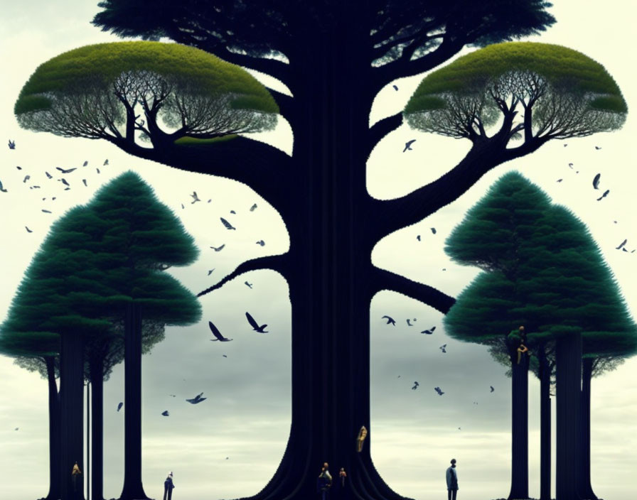 Surreal landscape with oversized trees, silhouettes of people, and flying birds