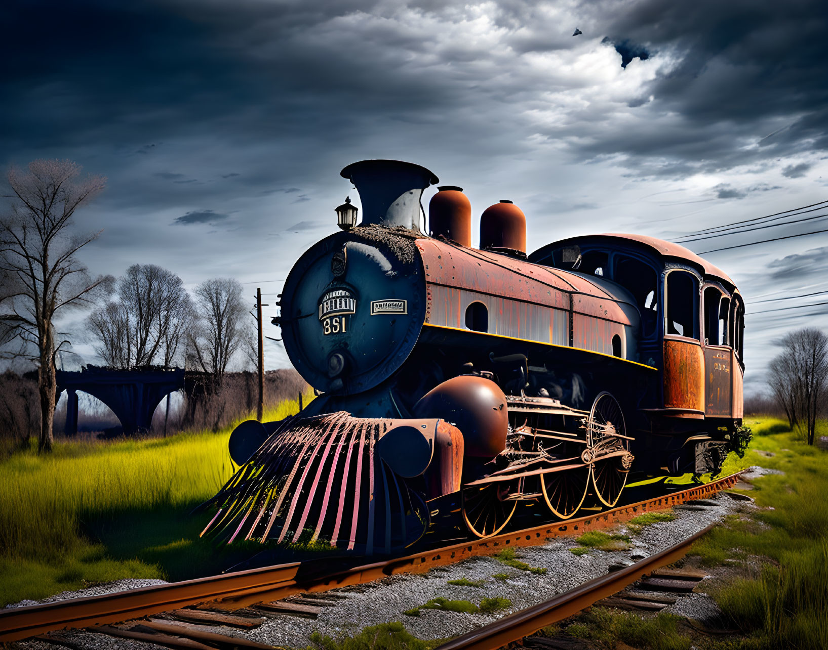 Vintage steam locomotive on tracks under dramatic sky and lush green surroundings