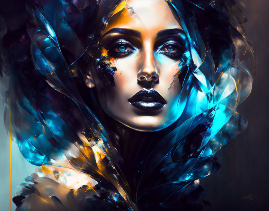 Woman with Blue and Black Makeup Surrounded by Abstract Blue Petals