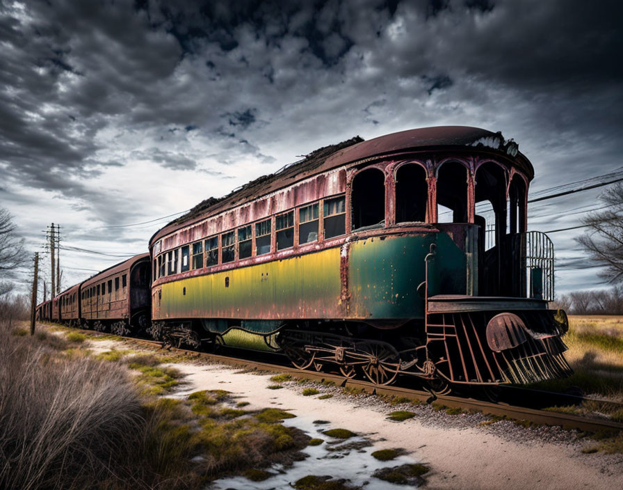 Abandoned train with rusty carriages on dilapidated tracks under cloudy sky