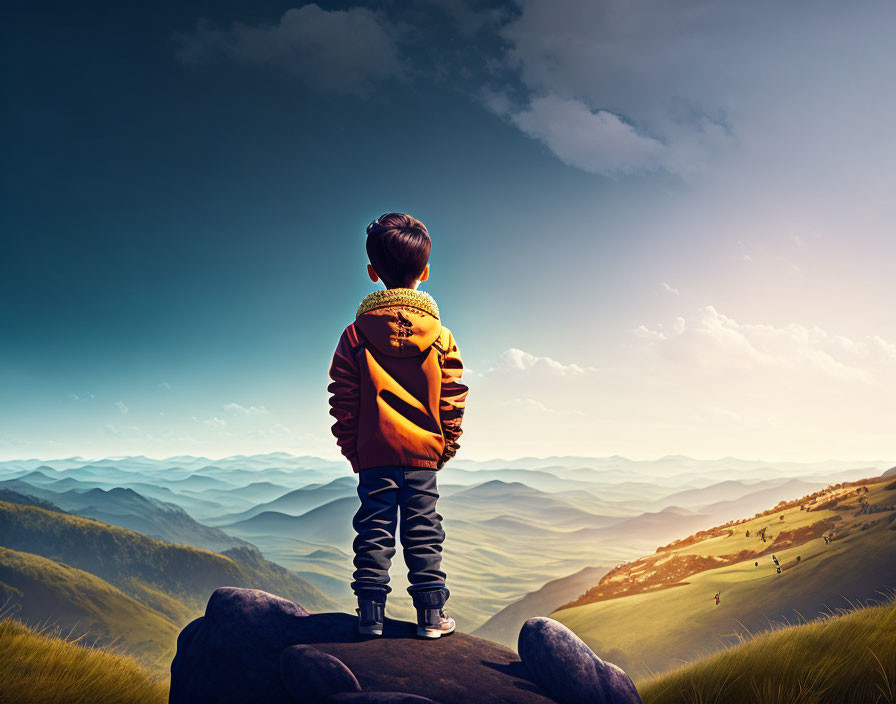 Boy on rocky peak gazes at rolling hills under dramatic sky