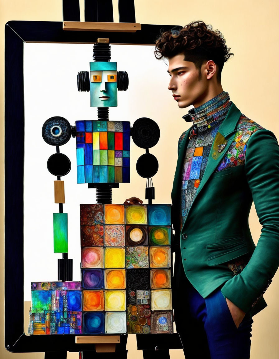 Colorful Robot with Male Model in Stylish Green Jacket