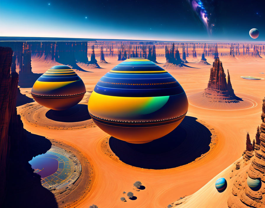 Spherical structures and rocky spires in a sci-fi landscape