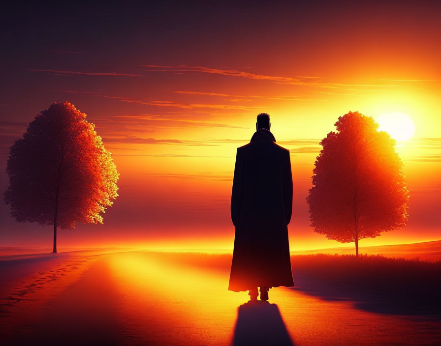 Silhouette of a person in a coat between two trees at sunset