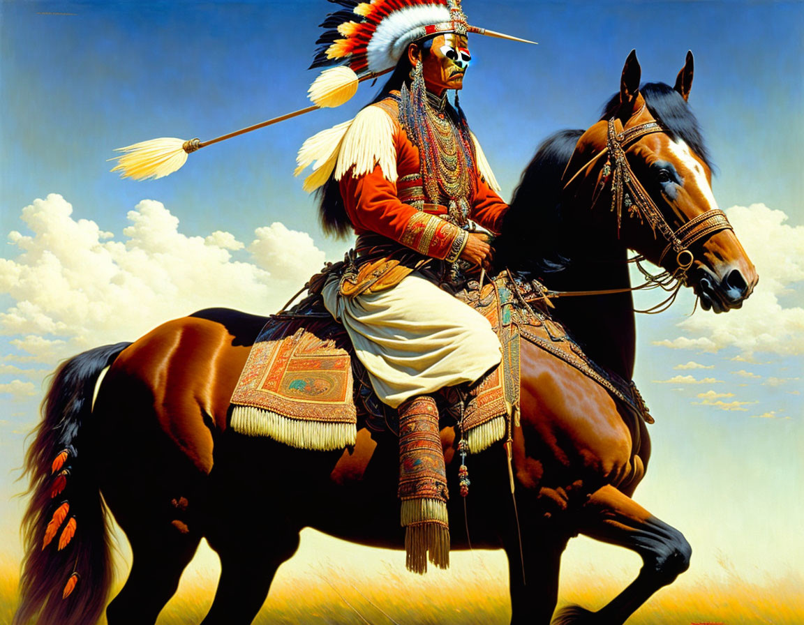 Elaborate Native American headdress on person riding brown horse.