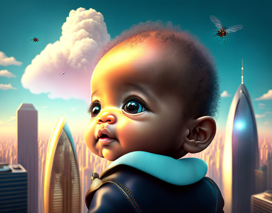 Infant with big eyes in futuristic cityscape with flying drones