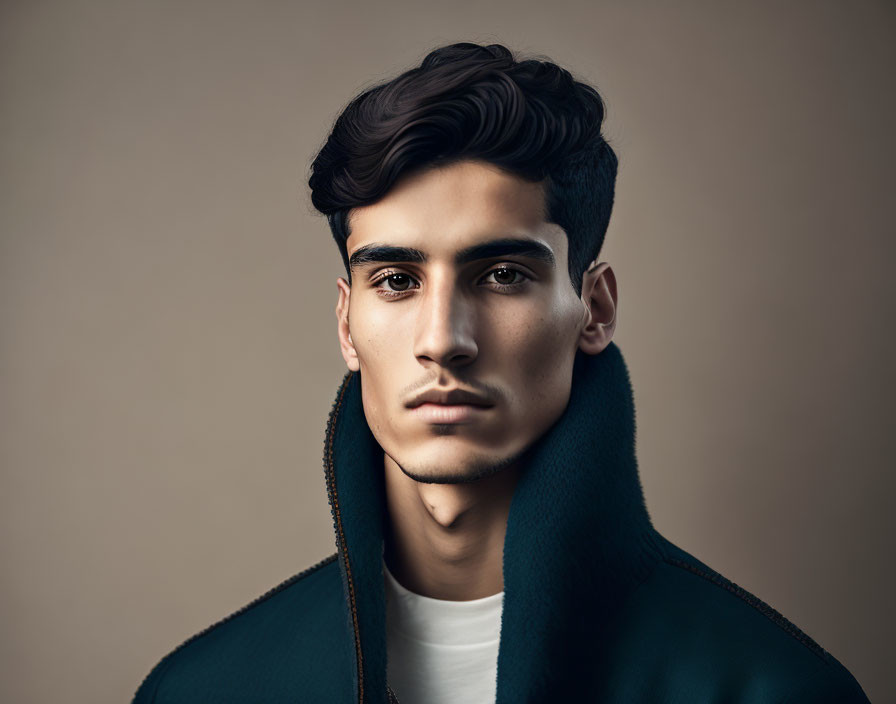 Portrait of young man with prominent cheekbones and teal turtleneck on beige background