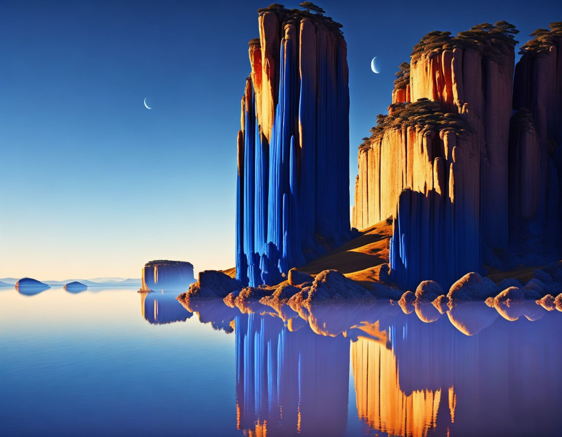 Surreal twilight landscape with towering blue cliffs and crescent moon.