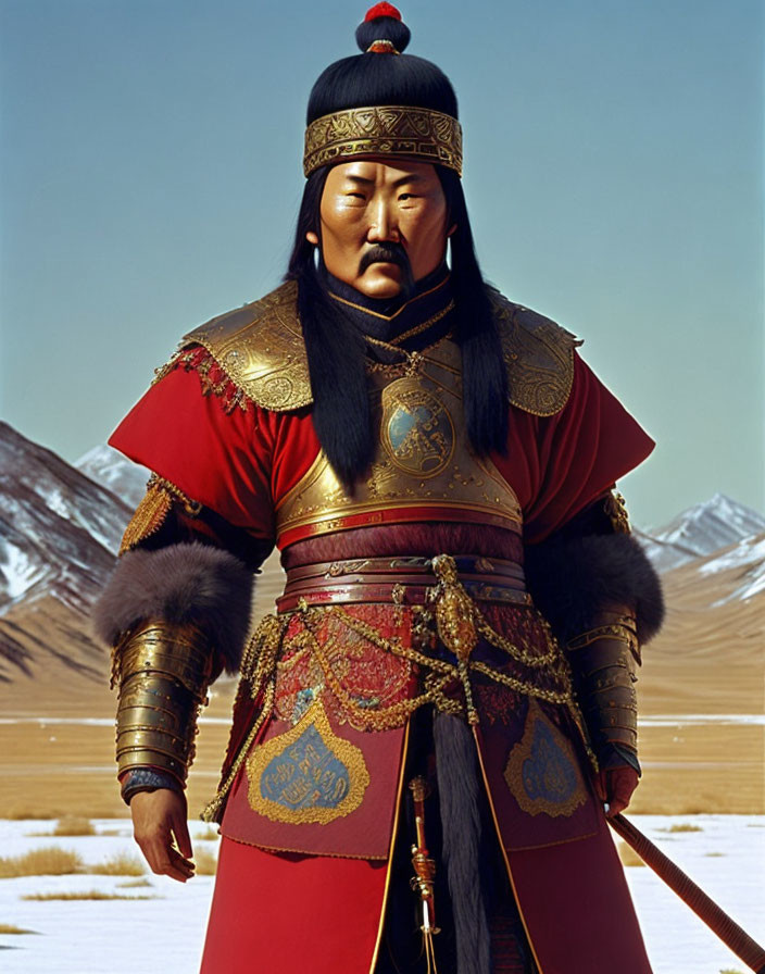 Ancient Mongolian warrior in elaborate armor against mountainous backdrop