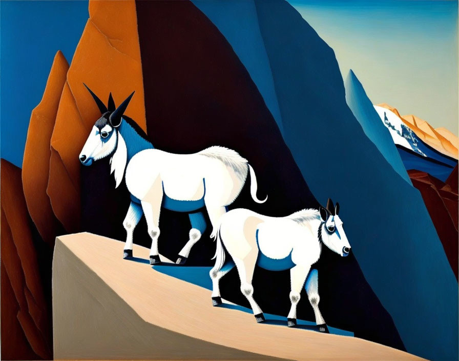 Stylized white mountain goats on rocky cliff with snow-capped peaks