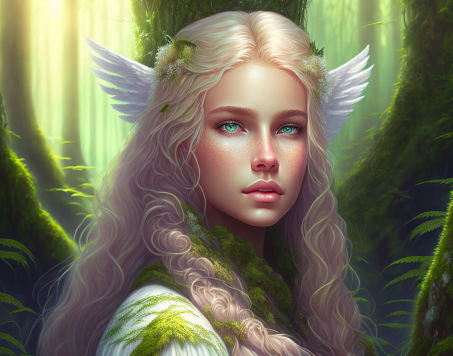 Fantasy illustration of young woman with angelic wings for ears in sunlit forest