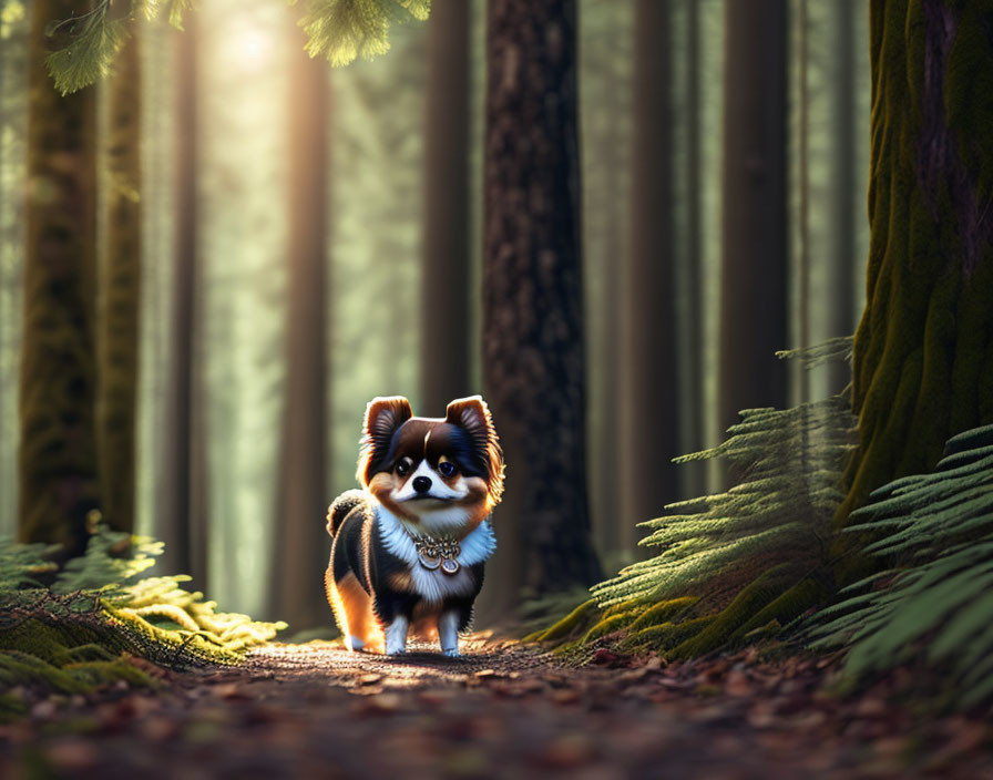 Fluffy Tricolor Dog with Blue Collar in Forest Setting