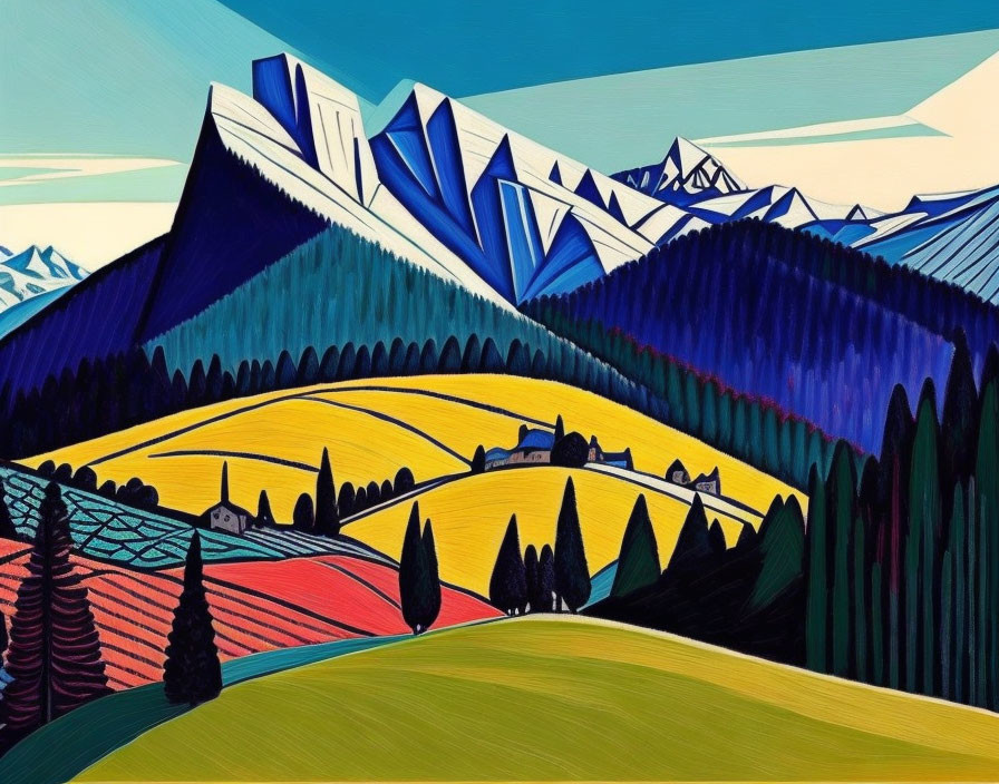 Geometric landscape painting of snow-capped mountains and valley.