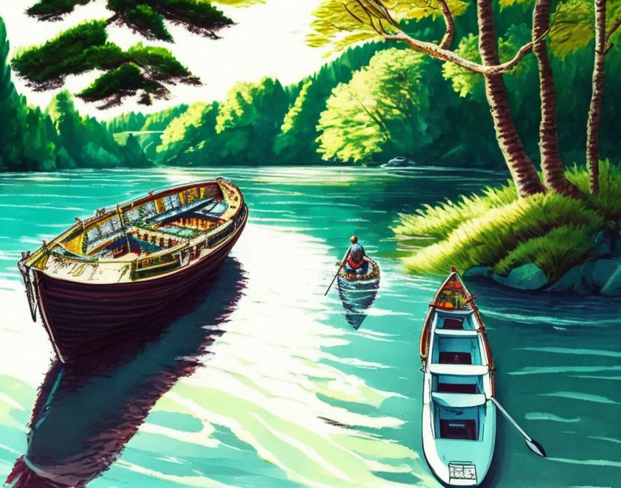 Tranquil river scene with three boats and lush greenery