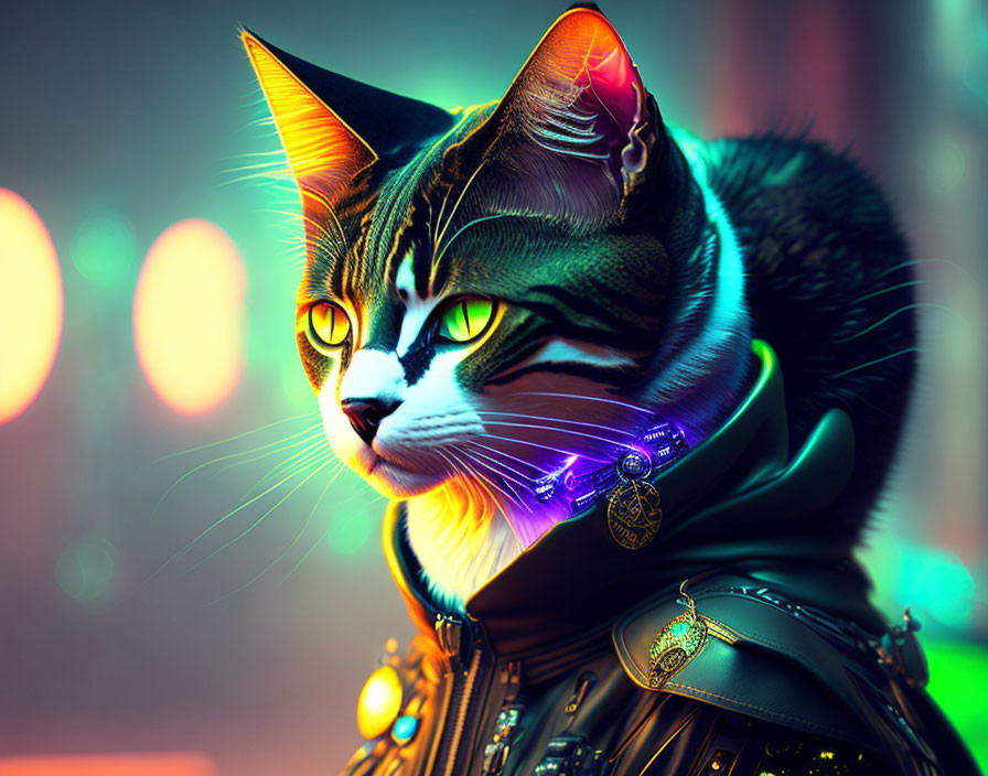 Futuristic cat digital artwork with glowing eyes and neon highlights