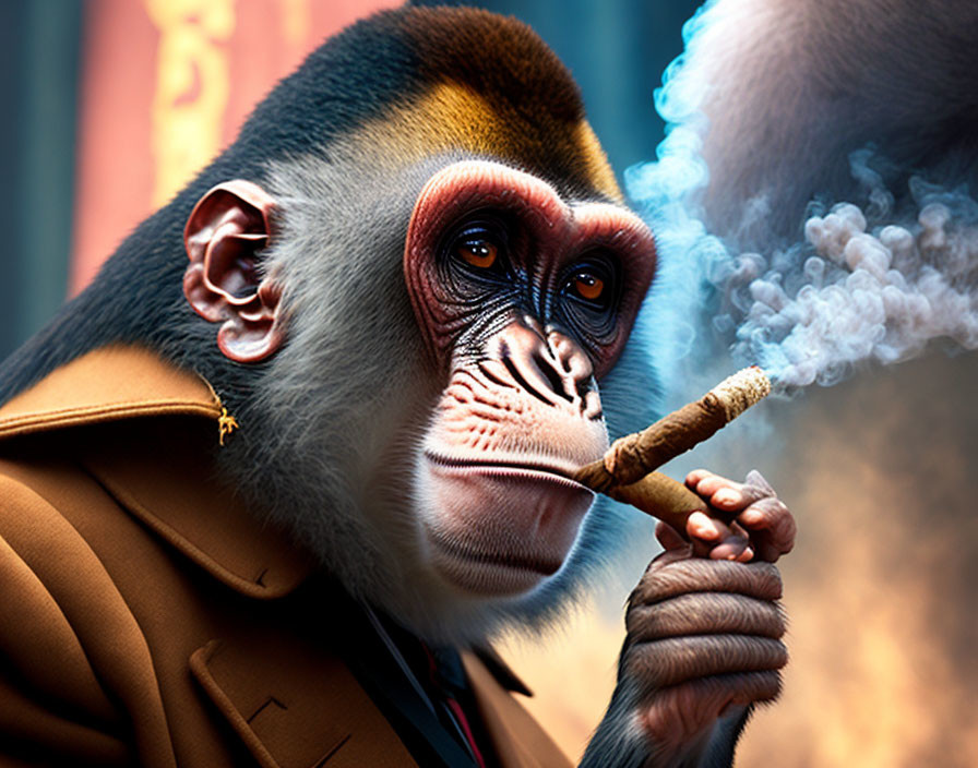 Stylized mandrill in leather jacket with cigar on blurred background