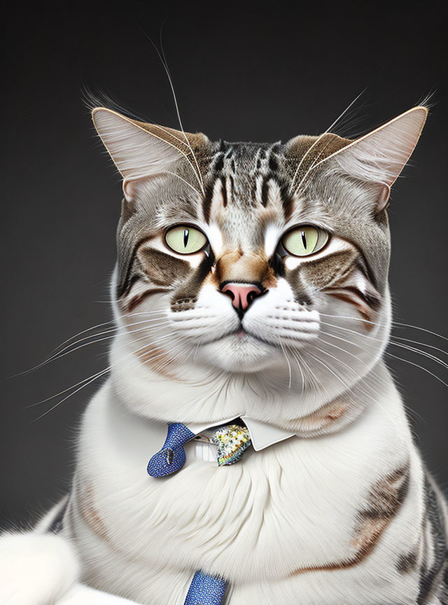 Digital Art: Cat with Human-Like Features in Blue Tie