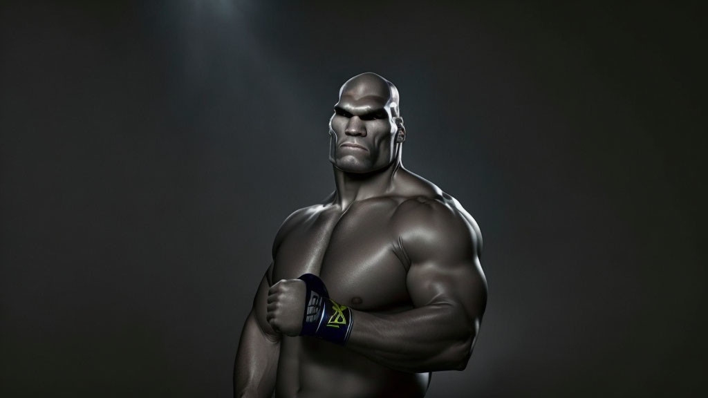 Muscular animated character with stone-like complexion posing confidently.