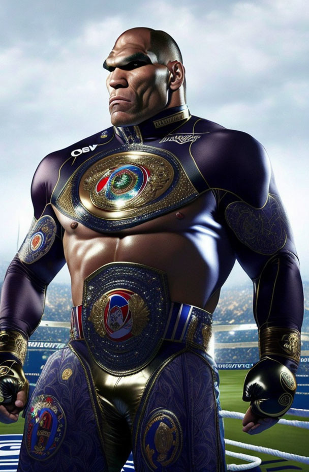 Muscular animated character in boxing attire with championship belts in stadium.