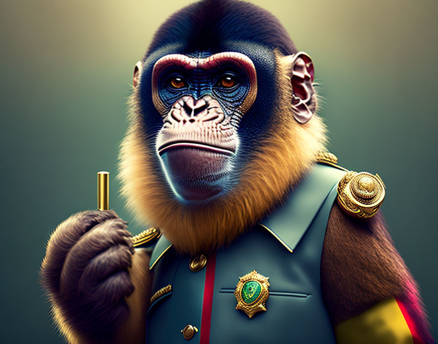 Detailed illustration of mandrill in colorful military attire with epaulettes and baton on muted