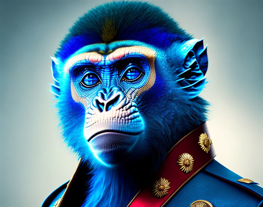 Colorful digital artwork: Primate with human-like eyes in decorated uniform against gradient backdrop