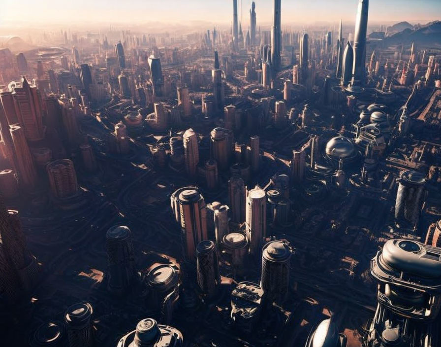 Futuristic cityscape with skyscrapers and domed structures